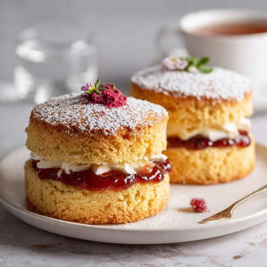Mini Victoria Sponge Cakes with Vanilla Buttercream and Fruit Garnish Recipe 4 Mini Victoria Sponge Cakes with Vanilla Buttercream and Fruit Garnish Recipe - Recipe Image