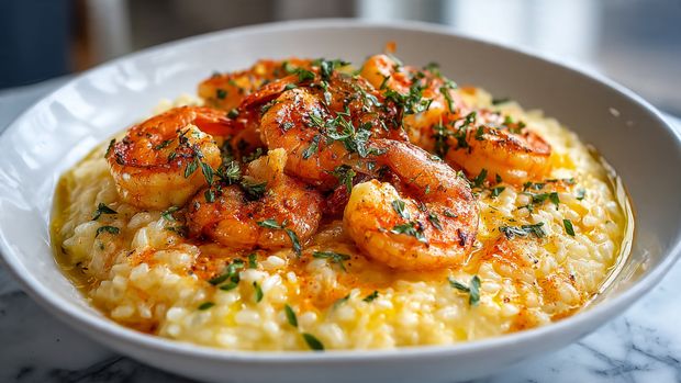 Shrimp Risotto with Garlic Cream and Chili Butter Recipe