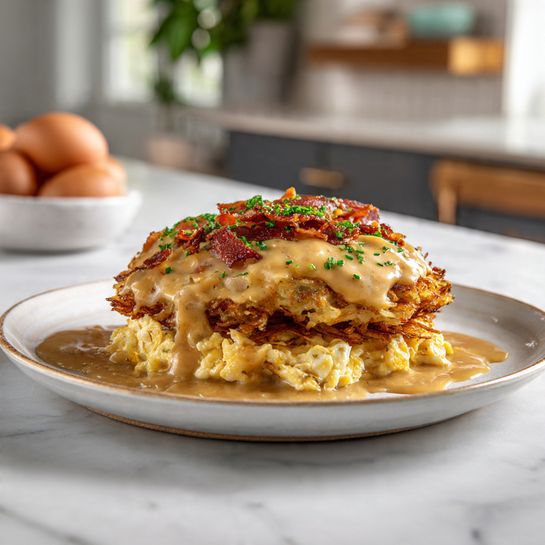 Egg-Topped Hash Browns with Bacon Gravy – Ultimate Breakfast Comfort - Recipe Image