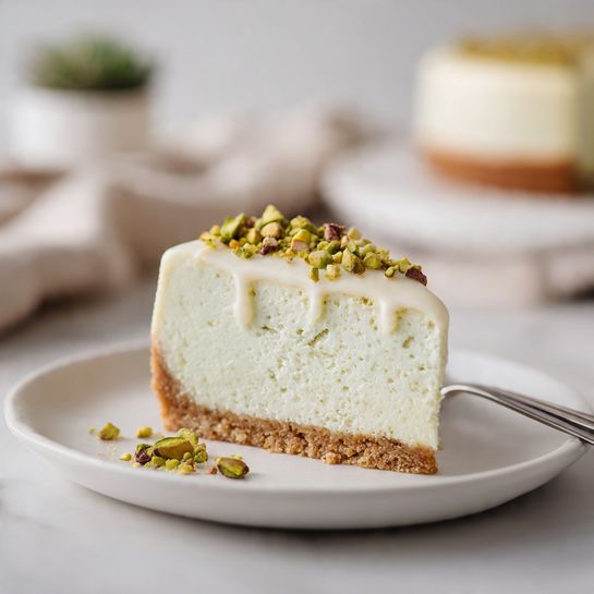 Silky Pistachio Cheesecake with White Chocolate Glaze
