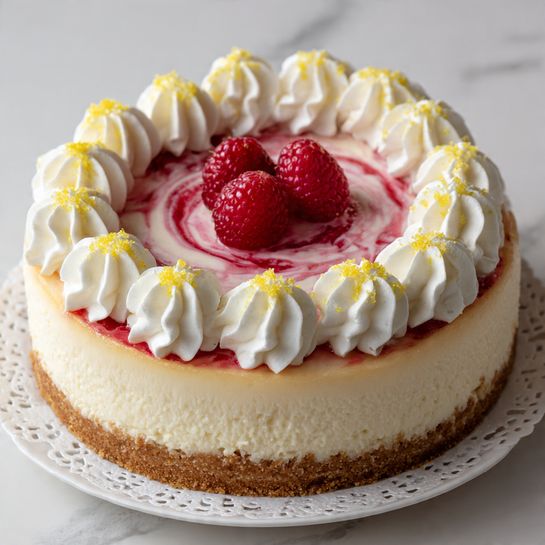 Raspberry Swirl Snowball Cake Recipe 5 A round cheesecake sits on a white plate with a white lace doily underneath, placed on a white marbled surface. The cake has three visible layers: a thick, crumbly light brown crust at the bottom; a smooth, creamy off-white middle layer; and a top layer featuring a light swirl of pinkish berry sauce. Around the edge of the top, there is a ring of white whipped cream piped in soft peaks. In the center of the cheesecake, there are four whole fresh red raspberries. Small yellow sprinkles decorate the whipped cream. Photo taken with an iphone --ar 4:5 --v 7