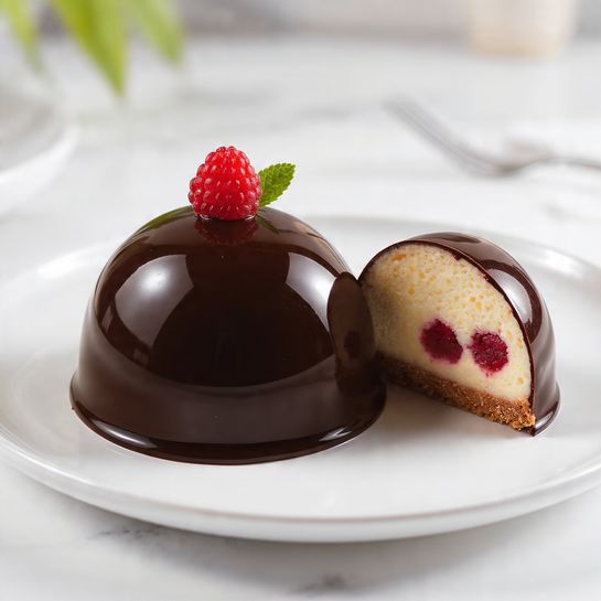 Chocolate-Covered Raspberry Cheesecake Domes 4 Chocolate-Covered Raspberry Cheesecake Domes - Recipe Image