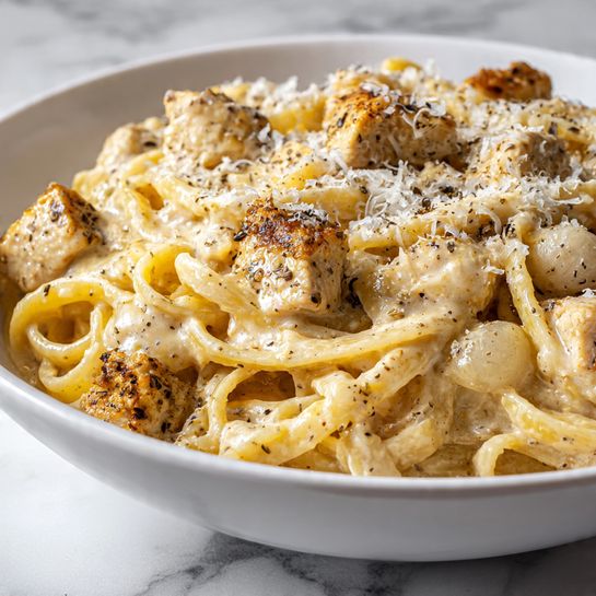 Chicken Alfredo Pasta Bake (With Pearl Onions) - Recipe Image