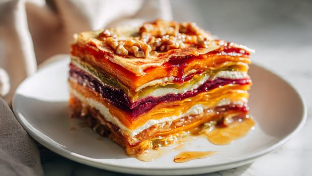 Sweet Potato & Butternut Squash Lasagna with Cranberry Honey Glaze