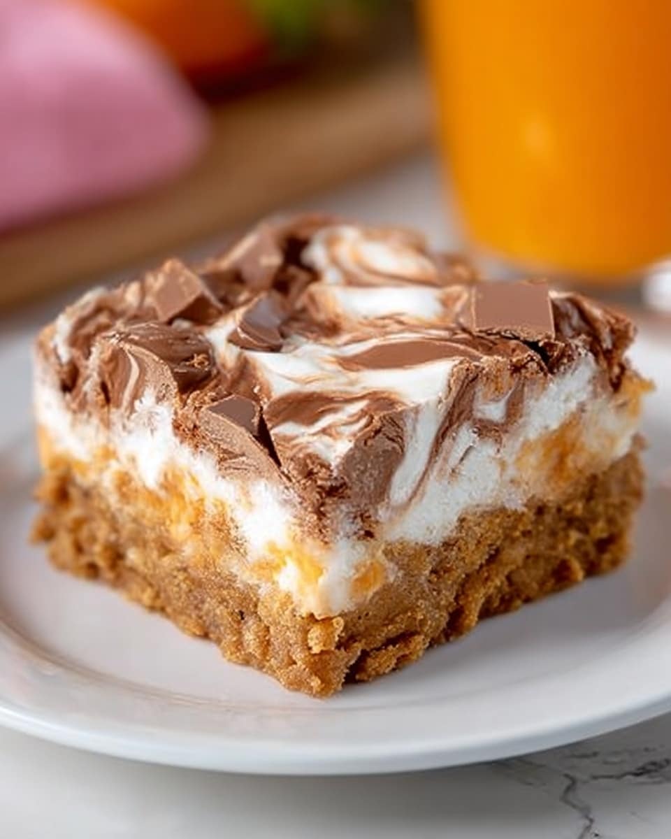 The image shows a clear glass baking dish with two stages of a dessert inside. On the left side, there is a thick light brown layer of batter spread evenly, topped with uneven dollops of white creamy mixture scattered across the surface. On the right side, the dish shows the same light brown base with white creamy swirls mixed into it, creating a marbled effect. Dark brown chocolate chips are scattered on top, especially on the right side, adding texture and color contrast. The dish is placed on a white marbled surface, with a blue and white cloth partially visible in the background. photo taken with an iphone --ar 4:5 --v 7