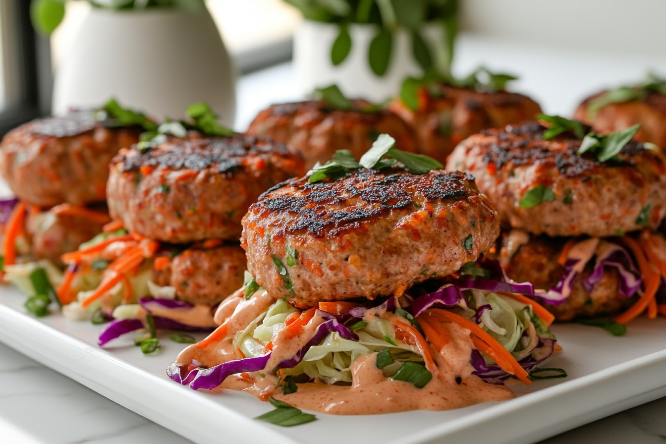 Thai Turkey Burgers with Almond Butter Sauce and Coleslaw Recipe - Recipe Image