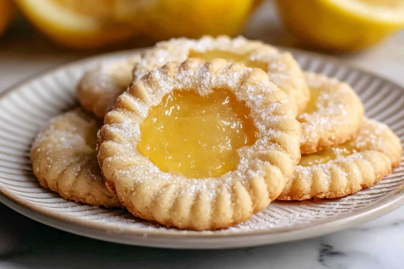 A stack of round lemon cookies is shown on a white plate with a crinkly edge. Each cookie has two layers: the outer dough layer, which is pale golden with a slightly cracked surface, and a soft, bright yellow lemon filling in the center that looks smooth and moist. The cookie on top has a bite taken out of it, revealing the thick lemon layer inside. The cookies are dusted lightly with powdered sugar. A few lemon slices and whole lemons are placed around the plate on a white marbled surface. Photo taken with an iphone --ar 4:5 --v 7