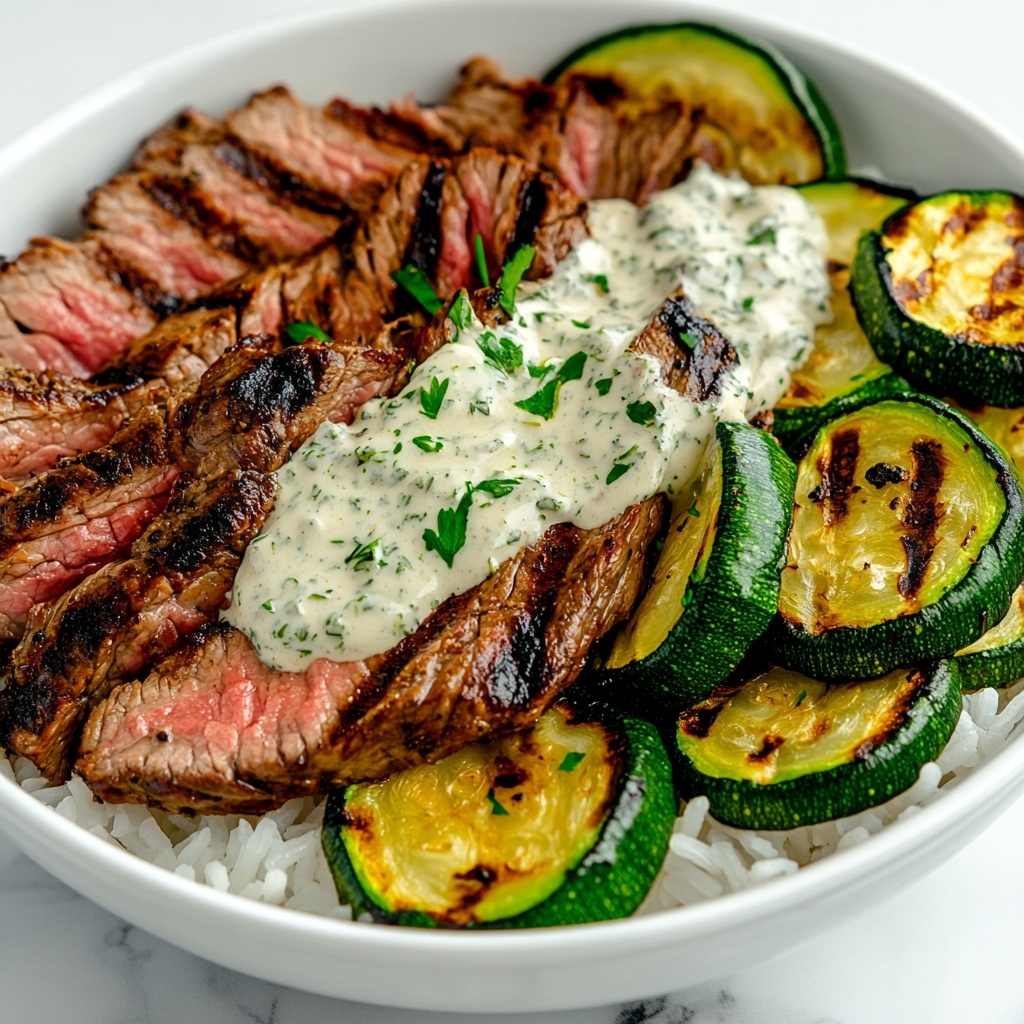 Grilled Steak Bowl with Herb Sauce and Grilled Zucchini Recipe