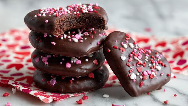 The image shows many heart-shaped cookies arranged in rows on a black cooling rack placed over a dark tray. Each cookie has two layers: a dark brown base with a smooth, glossy dark chocolate layer on top. The top layer is decorated with small heart-shaped sprinkles in pink, white, and red scattered evenly. The background visible around the tray is a white marbled texture. photo taken with an iphone --ar 4:5 --v 7