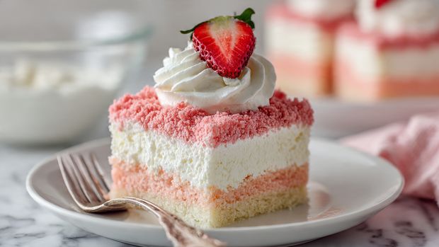 A rectangular glass dish holds a dessert made of three clear layers: a white creamy base, a thick middle of light pink, and a top covered with crushed pink and orange crumbs. On the top, there are twelve white dollops evenly spaced, each topped with a halved fresh strawberry showing its red inside and green leaves. The dish is placed on a white marbled surface surrounded by red strawberries and two yellow sandwich cookies to the upper left. A white cloth with black stars and a few forks are nearby. photo taken with an iphone --ar 4:5 --v 7