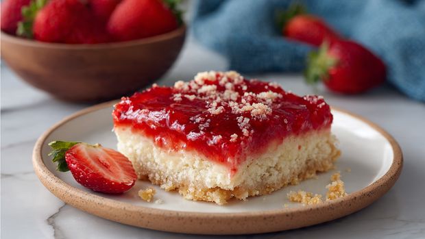 A close-up view of a two-layer dessert resting on a light wooden surface with a white marbled background. The bottom layer is a thick, golden-brown soft cake with a spongy texture and small air holes visible. The top layer is a bright, glossy red fruit jelly spread evenly over the cake with a slightly uneven surface, showing chunks of fruit within the jelly. The jelly gently drips over the edges of the cake in some places, creating a juicy and fresh appearance. photo taken with an iphone --ar 4:5 --v 7