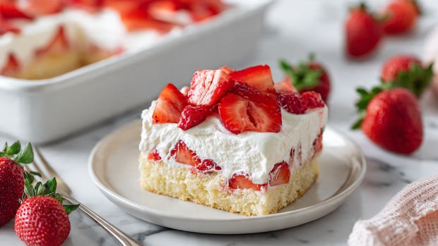 A rectangular dessert in a white ceramic baking dish with slightly worn edges shows a smooth, white whipped cream top layer. On this cream layer, eight groupings of three bright red strawberry slices are arranged in a circle, each group forming a triangular shape with the pointed end facing inward. Around the dish, fresh whole strawberries with green tops are placed on a white cloth with black stripes, which rests on a white marbled surface photo taken with an iphone --ar 4:5 --v 7