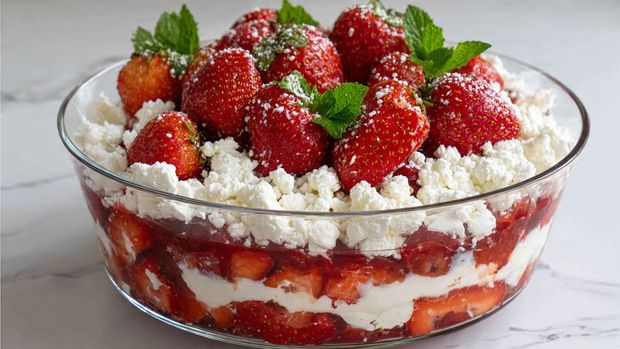 A clear glass bowl holds a fresh dessert with three visible layers: the bottom layer is made up of small, bright red chopped strawberries, the middle layer consists of white, soft, crumbled meringue pieces, and the top layer is a mix of large whole strawberries and smaller half strawberries, sitting on more white crumbled meringue. The whole strawberries display fresh green leaves on top. The bowl is placed on a white marbled surface. photo taken with an iphone --ar 4:5 --v 7