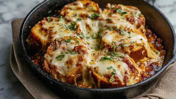A close-up of a frying pan shows three main layers of food cooking together. The bottom layer has browned, soft onion slices with a sticky texture and shiny, caramelized edges, giving a rich brown and amber color. In the middle, there is a small pile of finely minced garlic with a pale yellow color, creating a light, rough texture contrast. On top, there are several thick slices of fresh white mushrooms with smooth beige caps and dark gills, sprinkled with small bits of green herbs. The pan itself is black, and the background surface is a white marbled texture. photo taken with an iphone --ar 4:5 --v 7