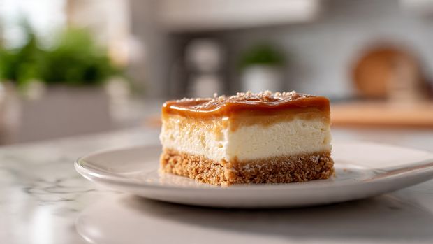 A close-up of a slice of cheesecake on a white plate with a crumbly brown crust at the bottom, a thick creamy white layer with tiny specks of dark vanilla seeds, and a smooth texture. The slice is held by a piece of light brown parchment paper on a fork, showing the dense and rich cheesecake filling in the foreground, while the remaining round cheesecake with the same layers is blurred in the background on the white marbled surface. Photo taken with an iphone --ar 4:5 --v 7