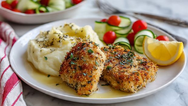 A white plate holds two pieces of breaded and baked chicken with a golden-brown, crispy texture sprinkled with green herbs, placed on the right side above creamy mashed potatoes topped with chopped parsley. Below, another white plate shows a fresh salad made of thin, curled ribbons of pale green cucumber layered with bright red, round tomato slices. On the right side between the two plates, a shiny silver fork rests on a white marbled surface. The photo taken with an iphone --ar 4:5 --v 7