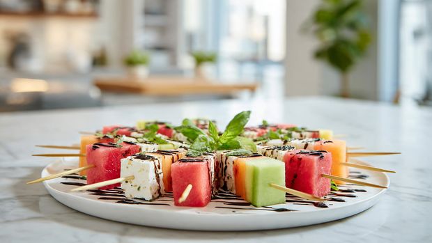 Colorful Fresh Fruit and Feta Skewers with Balsamic Glaze Recipe - Recipe Image