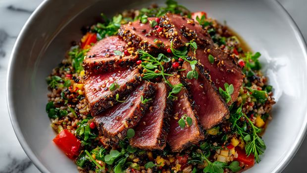 A white plate with a blue wavy border holds a meal with three main parts. The bottom layer is two grilled white chicken pieces with visible grill marks and sprinkled with herbs. On top of the chicken and slightly to the right is a pile of small boiled potatoes mixed with green peas and garnished with chopped green herbs. On the left side of the plate, a fresh green salad made of leafy greens sits with a slightly shiny texture. In front of the potatoes on the plate edge lies a half-cut lemon showing its juicy inside. The plate is placed on a white marbled surface. photo taken with an iphone --ar 4:5 --v 7