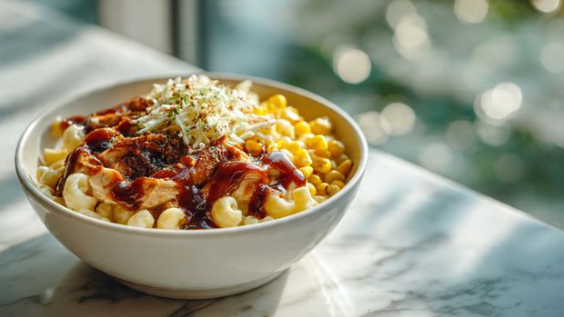 A white bowl filled with a colorful salad showing about three to four layers: the bottom layer has light green chopped cabbage and shredded carrot, the middle layer contains dark green kale pieces mixed with diced orange tofu cubes, and scattered dark raisins add contrast throughout. The top layer has creamy dressing lightly mixed in and a silver fork resting inside the bowl. A woman's hand gently holds the bowl on the side, and the bowl sits on a white marbled surface. photo taken with an iphone --ar 4:5 --v 7