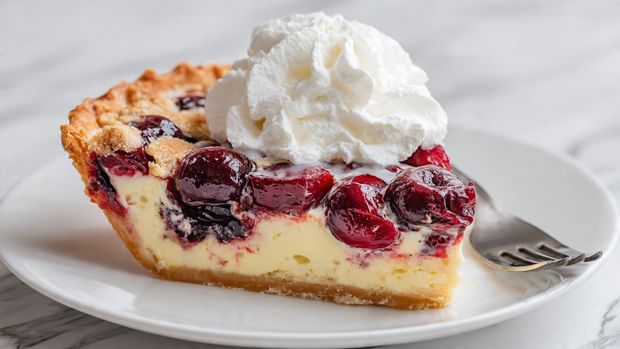 A close-up of one slice of pie on a white plate sitting on a white marbled texture. The pie has three main layers: the bottom is a firm, pale yellow custard base; the middle layer is filled with whole, dark red cherries with a slightly shiny texture; the top layer is a crumbly, golden-brown crust. On top of the pie slice is a large, fluffy mound of white whipped cream with soft peaks. A silver fork rests on the plate near the pie. Photo taken with an iphone --ar 4:5 --v 7