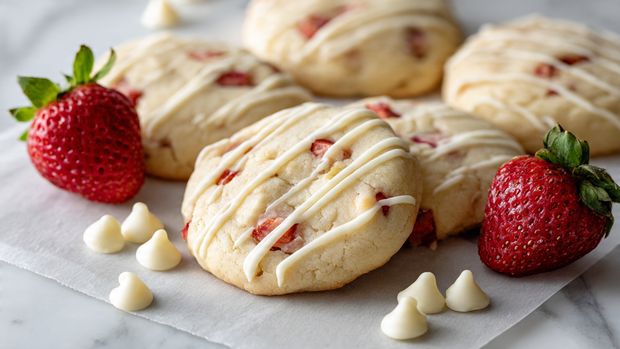 The image shows a close-up of several round cookies with a light beige color, each cookie having small pieces of red strawberry embedded inside. A thin layer of white icing is drizzled diagonally over the top of each cookie in fine, parallel lines. Scattered around the cookies are smooth, white chocolate chips. Two fresh strawberries, one whole and one cut in half revealing its bright red flesh and green leaves, are placed among the cookies. The treats are laid on a light gray parchment paper background set on a white marbled surface. Photo taken with an iphone --ar 4:5 --v 7