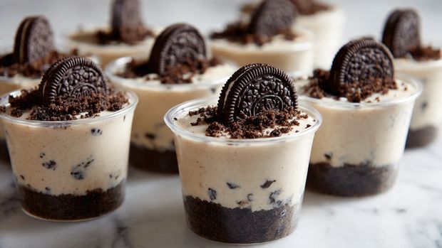 The image shows multiple small clear plastic cups filled with a two-layer dessert placed on a white marbled surface. Each cup has a bottom layer of dark brown crushed cookie crumbs, topped with a thick, creamy light beige layer that contains small dark specks throughout. On top of each creamy layer, there is a whole dark chocolate sandwich cookie placed in the center. The arrangement of the cups forms a scattered pattern, with the focus on the details of the creamy texture and cookie topping. photo taken with an iphone --ar 4:5 --v 7