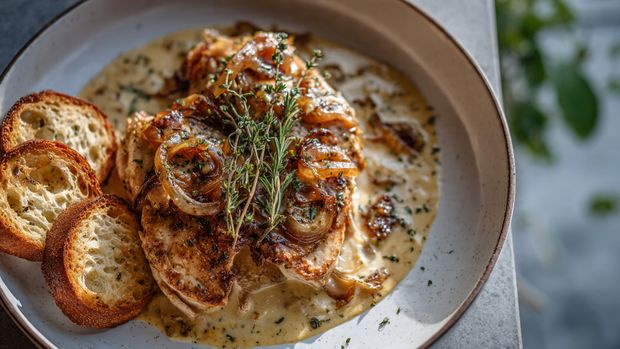 A single tostada with a crispy yellow corn base lies flat on a piece of parchment paper on a light wooden board. On top, there is a thick layer of shredded light brown cooked chicken mixed with small orange chunks, likely tomato or sauce, giving it a slightly glossy texture. The chicken layer is drizzled with white cream and sprinkled with tiny crumbly white cheese bits, adding texture contrast. The background is a white marbled surface. photo taken with an iphone --ar 4:5 --v 7