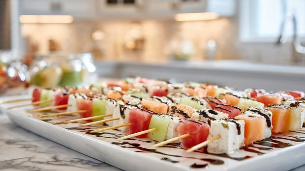 Colorful Fresh Fruit and Feta Skewers with Balsamic Glaze Recipe