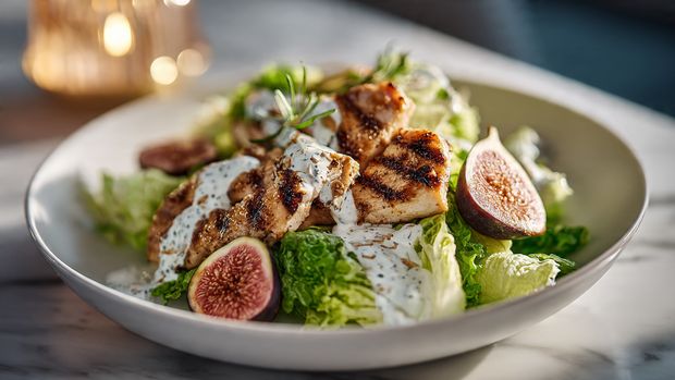 A white plate with three large green lettuce leaves laid out flat, each topped with white sauce. On top of the middle lettuce leaf, there is a row of sliced grilled chicken with a brown grilled texture. Around the lettuce, there are halved figs showing dark purple skin and pink inside scattered evenly. A small black bowl on the plate contains white sauce with green herbs, and a spoon rests in the bowl. The plate sits on a white marbled surface. photo taken with an iphone --ar 4:5 --v 7