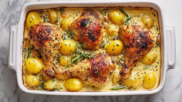 A white rectangular baking dish filled with four cooked chicken leg pieces, each golden brown and crispy with visible seasoning and herbs on top. The chicken rests on a thick, creamy sauce mixed with whole or halved small potatoes and green beans, creating a layered look of tender vegetables beneath the chicken. The sauce has a light yellow color with specks of herbs, and the whole scene is placed on a white marbled surface. Photo taken with an iphone --ar 4:5 --v 7