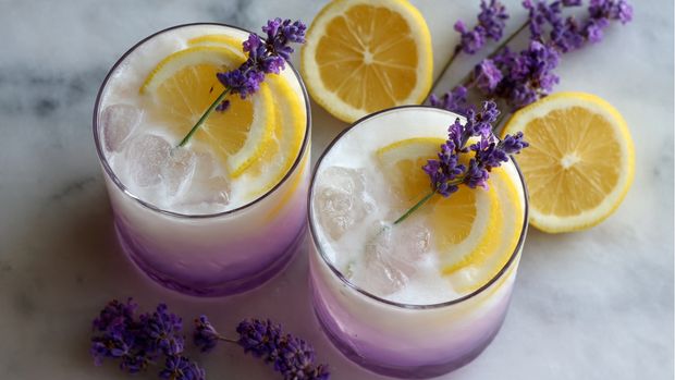 Two clear glasses on a white marbled surface each with a three-layered drink: the bottom layer is a solid light purple, the middle layer is white foam, and the top layer has ice cubes. Each glass is decorated with a yellow lemon slice on the rim and a small sprig of purple lavender placed through the lemon slice. Photo taken with an iphone --ar 4:5 --v 7