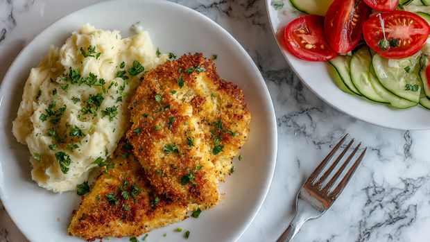 Super Quick Crumbed Chicken with Mashed Potatoes and Fresh Salad Recipe