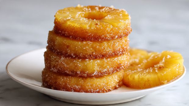The image shows a stack of four round pineapple upside-down cakes, each with a golden-yellow pineapple ring on top and a light crust with sugar crystals around the edges. The cakes have a moist, slightly crumbly texture and are stacked on a white plate, which sits on a white marbled surface. Next to the stack, partly visible pineapple rings lie flat on the plate, showing the same glossy yellow color and sugary edges. Photo taken with an iphone --ar 4:5 --v 7