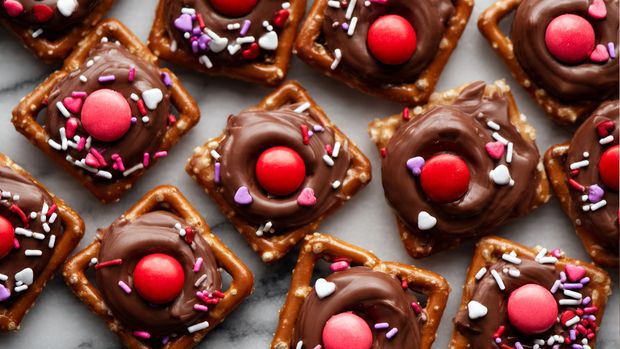 The image shows many small square pretzels as the base, each topped with a smooth round layer of milk chocolate that covers most of the pretzel but leaves the edges visible. In the center of each chocolate layer, there is a round candy that is either bright red or pink. The chocolates are decorated with colorful sprinkles in shades of white, pink, red, and a few purple pieces, adding texture and contrast. The pretzels are piled closely together on a white marbled surface, creating a busy and vibrant scene. photo taken with an iphone --ar 4:5 --v 7