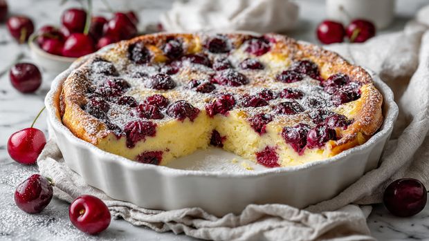 A round cherry clafoutis with a golden, slightly browned top layer studded with dark red cherries, dusted with a light layer of powdered sugar. The middle layer is creamy and pale yellow, visible where a slice has been removed. It is served in a white ceramic pie dish that contrasts with the red cherries and golden crust. The dish sits on a cloth over a white marbled surface, with some fresh cherries scattered around. Photo taken with an iphone --ar 4:5 --v 7