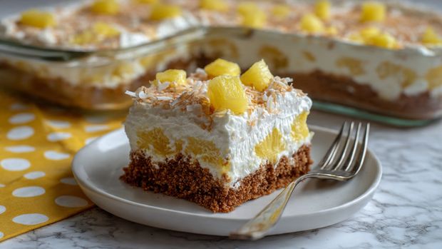 The dish is a square slice of a layered dessert on a white plate. The bottom layer is light brown and looks crumbly, likely a crust. Above this is a thick, white, fluffy layer that looks soft and creamy. The top layer has small yellow chunks scattered over the fluffy white layer, adding a bright touch. Next to the plate is a clear glass dish filled with the same layered dessert, showing the same three layers stacked evenly. A silver fork lies on the plate beside the slice. The background is a soft white marbled texture with a stack of white plates nearby on a yellow cloth with white polka dots. Photo taken with an iphone --ar 4:5 --v 7