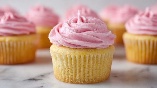 The image shows a close-up of four vanilla cupcakes inside a gray metal muffin tray, each cupcake sitting in white paper liners. The cupcakes have one visible layer of smooth, light tan cake topped with a thick swirl of light pink frosting that looks fluffy and creamy. The muffins have a glossy texture from the frosting with some gentle peaks and curves. The tray is placed on a white marbled surface that highlights the soft colors of the cupcakes. Photo taken with an iphone --ar 4:5 --v 7