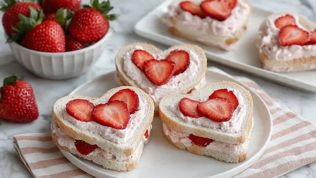 The image shows heart-shaped sandwiches arranged on a white plate over a light cloth with beige stripes, placed on a white marbled surface. Each sandwich has two layers: the top layer is a slice of white bread shaped like a heart, and the bottom layer consists of a spread of light pink cream with sliced red strawberries on top beneath the bread. Some of the heart-shaped bread pieces reveal the strawberry and cream filling, while others are open-faced with fresh strawberry slices directly on the cream spread. In the upper part of the image, on the white marbled surface, there is a white bowl filled with whole red strawberries with green leaves, and next to it, a white rectangular plate holds more heart-shaped bread pieces spread with the same light pink cream. The photo is taken with an iphone --ar 4:5 --v 7