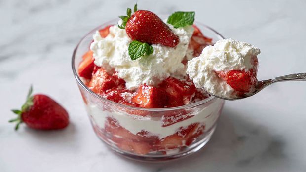 A clear glass bowl filled with several layers of chopped red strawberries at the bottom, topped with rough textured white whipped cream, and a few whole strawberries with green leaves placed on top. A silver spoon is holding a scoop of whipped cream with a half strawberry on it, held to the right side of the bowl. The whole setup is on a white marbled surface. Photo taken with an iphone --ar 4:5 --v 7