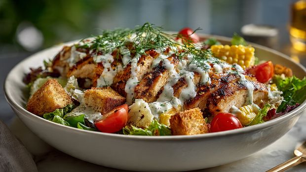 A close-up view of a dish with two light brown cooked chicken pieces partially covered in a thick creamy sauce that has a smooth and slightly chunky texture. There are sliced brown mushrooms, small bits of green herbs, and pearl onions mixed into the sauce. A fresh green rosemary sprig lies on top of the chicken, adding contrast. A wooden spoon is shown on the left side, partially dipped into the sauce. The dish is served in a dark pan placed on a white marbled surface. Photo taken with an iphone --ar 4:5 --v 7