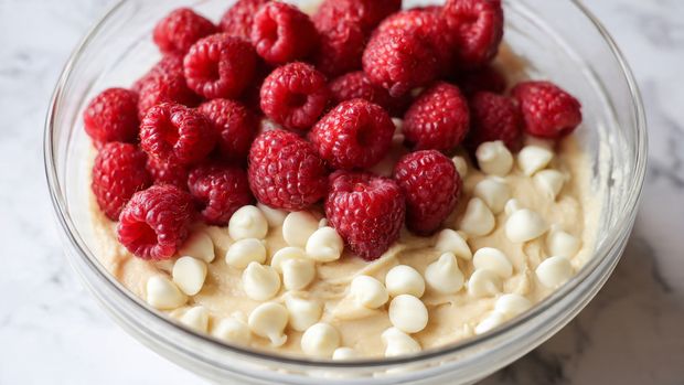 The image shows a close-up of a clear bowl with three layers. The bottom layer is a light beige, soft, and thick dough-like mixture with a slightly rough texture. On top of this is a layer of smooth, shiny white drops that look like white chocolate chips, round and cone-shaped, clustered together in the middle. The top layer features many bright red, textured raspberries sitting on the white drops, some whole and some with visible holes, giving a fresh and rich contrast to the light colors below. The bowl is placed on a white marbled surface. photo taken with an iphone --ar 4:5 --v 7