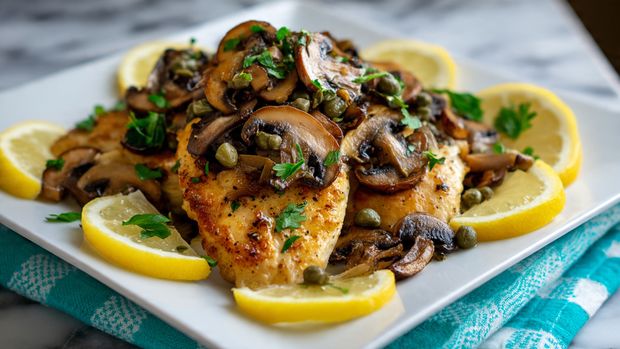 Four pieces of cooked chicken with light brown, slightly crispy surfaces lie in a shallow pool of creamy yellow sauce, sprinkled generously with chopped green herbs. The chicken pieces vary in size and shape, with some showing a golden sear pattern. They are arranged closely inside a white bowl with thin blue vertical lines on the inside edge. A silver fork partially rests among the chicken on the right side. The bowl is placed on a white marbled surface. photo taken with an iphone --ar 4:5 --v 7