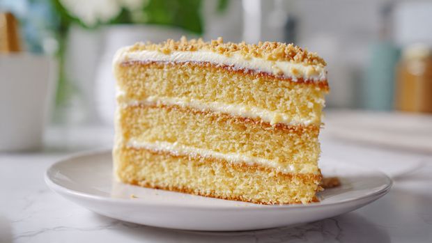 The image shows a three-layer cake with thick layers of dark brown chocolate sponge separated by two layers of light tan frosting. The entire cake is coated in a rough-textured light tan coconut and nut mixture that covers the top and sides evenly. The cake sits on a round white marble board with a soft white marbled surface under it. A slice is missing, showing the inside layers clearly. Photo taken with an iphone --ar 4:5 --v 7