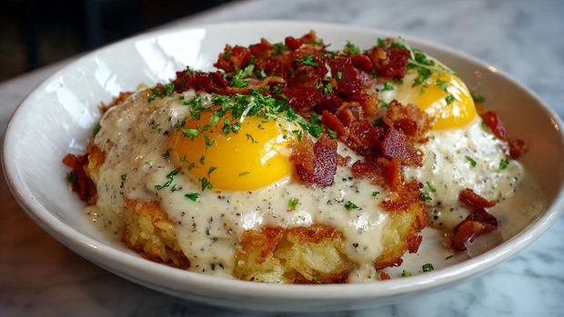 Egg Topped Hash Browns with Bacon Gravy Recipe