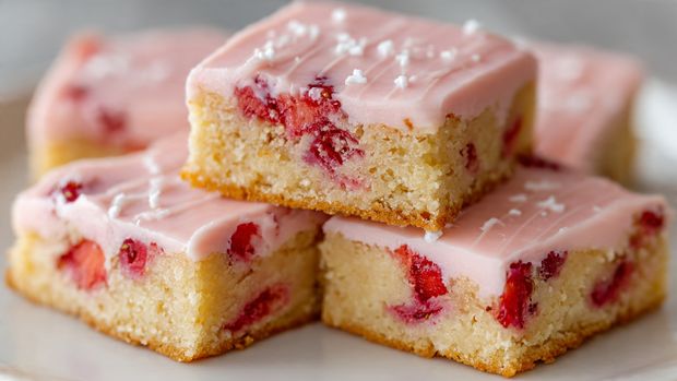 The image shows a stack of three square bars with a soft, moist texture. Each bar has a pale golden base layer with spots of red fruit pieces embedded inside, likely strawberries or raspberries. A smooth, light pink frosting covers the top of each bar, blending slightly with the fruit pieces. The bars are placed on a surface with a white marbled texture. The focus is close-up, showing the crumbly yet soft details of the squares. photo taken with an iphone --ar 4:5 --v 7