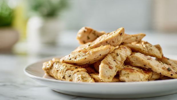 Velveting Chicken Recipe 6 A white decorative plate holds several pieces of raw light pink chicken placed in a loose pile at the center. A woman's hand is holding a silver spoon above the chicken, pouring a thick dark brown sauce over the top pieces. The plate sits on a white marbled surface with soft natural light creating gentle shadows. The chicken pieces have a moist, smooth texture, and the sauce appears glossy and rich, slowly flowing down onto the meat. The image focuses closely on the interaction between the chicken and the sauce. photo taken with an iphone --ar 4:5 --v 7