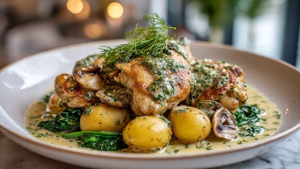 A white bowl filled with a colorful mixed rice salad sits on a white marbled surface. The salad has three visible layers: at the bottom, there is a bed of white rice mixed with small pieces of yellow squash, cut green beans, and red bell peppers, creating a vibrant base layer. On top, bright green asparagus spears and yellow squash slices add texture and color evenly spread throughout. The top layer consists of several slices of cooked meat, light brown with a slight pink center, arranged neatly in a row across one side of the bowl. A spoon rests inside the bowl on the right side. Next to the bowl is a small white dish with orange-yellow dressing visible. In the upper left corner, there is a stack of white plates and cutlery. Photo taken with an iphone --ar 4:5 --v 7
