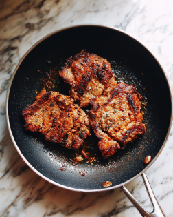 A black frying pan with a silver handle holds two cooked pieces of meat with a brown, crispy texture; the meat pieces are irregularly shaped, browning unevenly with some charred spots and a light oily shine on the pan. The pan sits on a white marbled surface with small grey and black specks. photo taken with an iphone --ar 4:5 --v 7