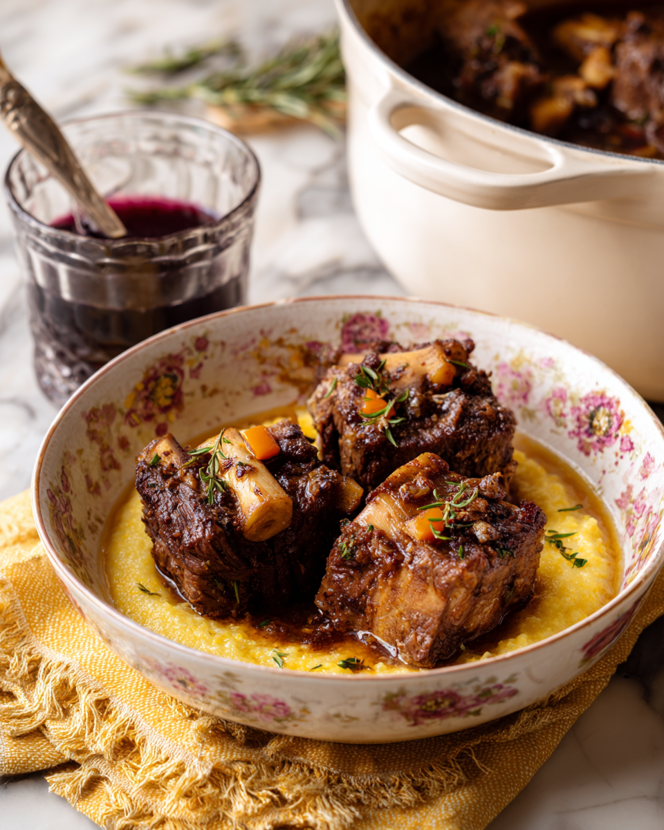 A white bowl with a floral rim holds three large, dark brown pieces of cooked meat with visible bones, placed on a bottom layer of creamy yellow polenta with a smooth texture. Small pieces of orange carrots and herbs are scattered on top and around the meat. The bowl sits on a yellow cloth over a white marbled surface. Nearby, there is a transparent cup filled with dark red liquid and a white-handled fork. In the background, a large pot filled with more meat and vegetables is visible. Photo taken with an iphone --ar 4:5 --v 7