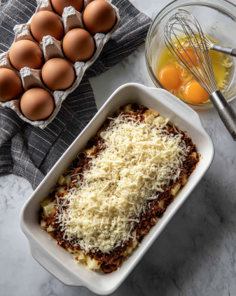 A white rectangular dish filled with three clear layers: bottom layer is pale diced potatoes, middle layer is dark brown cooked minced meat, and top layer is shredded white cheese scattered unevenly. Next to the dish, on a white marbled surface, is a small white egg carton holding six brown eggs. Below that is a glass bowl with six raw eggs mixed together, yellow yolks visible, with a metal whisk inside. A folded dark and light gray striped cloth is placed behind the egg carton. photo taken with an iphone --ar 4:5 --v 7
